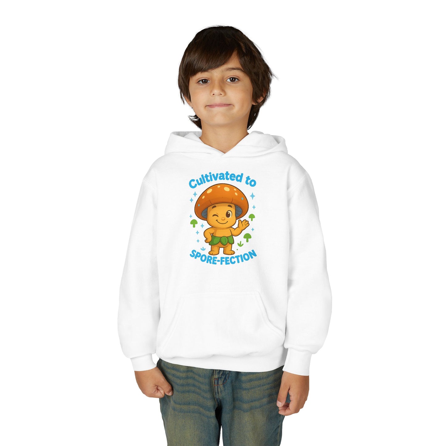 Youth Hoodie — "Cultivated to Spore-fection" Cute Mushroom Cartoon Personalized Hooded Sweatshirt