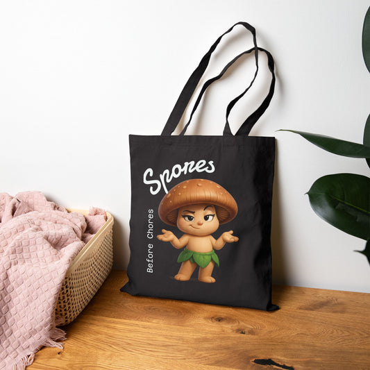 Black Mushroom Sprout Tote Bag — 'Spores' Cute Cartoon Canvas Shopper