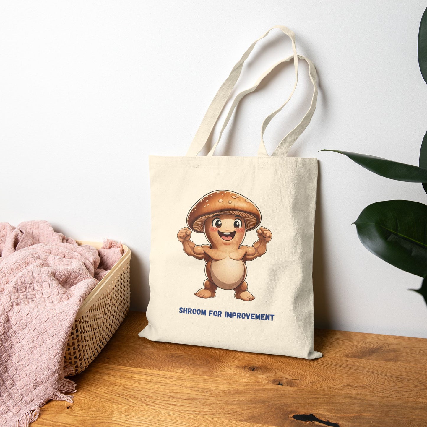 Canvas Tote Bag — 'Shroom for Improvement' Funny Mushroom Tote for Grocery, Market & Eco-Friendly Shopping