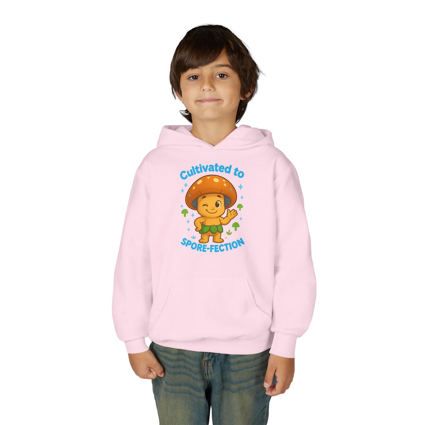 Youth Hoodie — "Cultivated to Spore-fection" Cute Mushroom Cartoon Personalized Hooded Sweatshirt