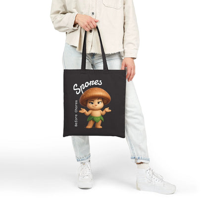 “Funny Cute Mushroom Sprout Tote Bag – Spores Before Chores" Cotton Canvas Shopper (Black) by Printify