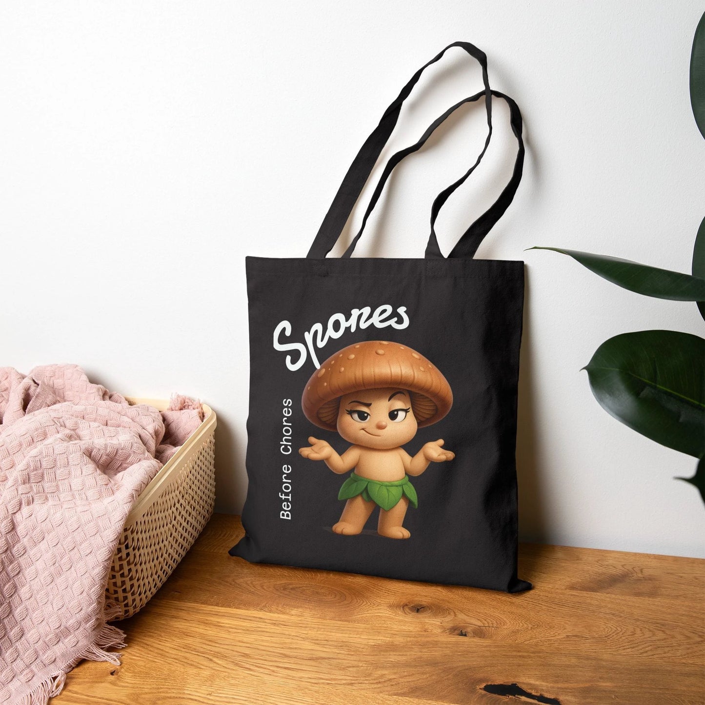 “Funny Cute Mushroom Sprout Tote Bag – Spores Before Chores" Cotton Canvas Shopper (Black) by Printify
