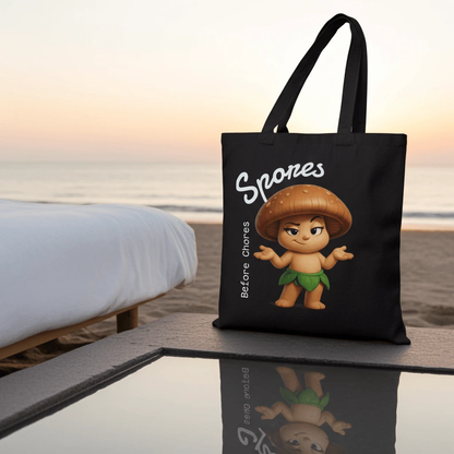 “Funny Cute Mushroom Sprout Tote Bag – Spores Before Chores" Cotton Canvas Shopper (Black) by Printify