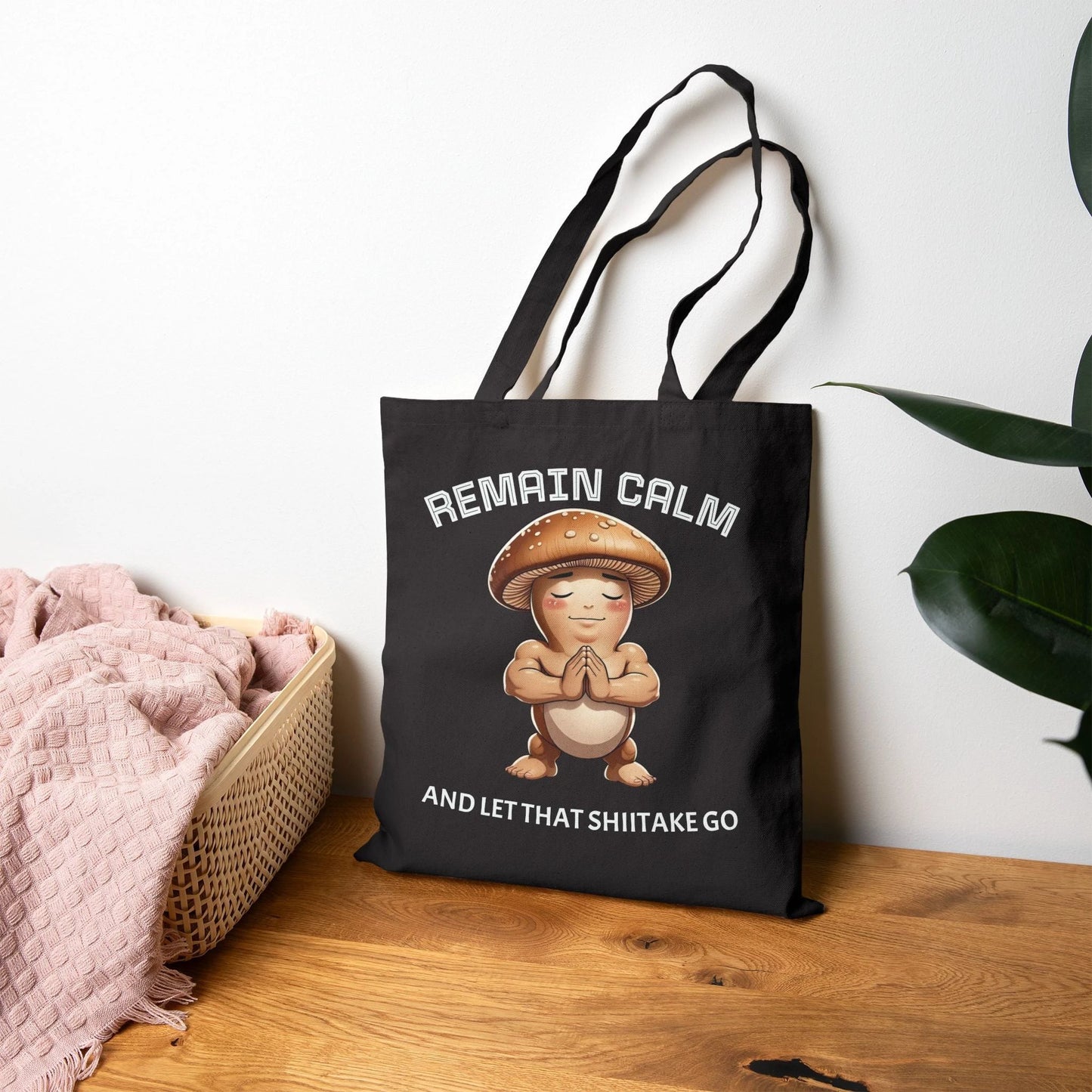 Black Tote Bag — "Remain Calm and Let That Shiitake Go" Cute Mushroom Meditation Canvas Tote by Printify