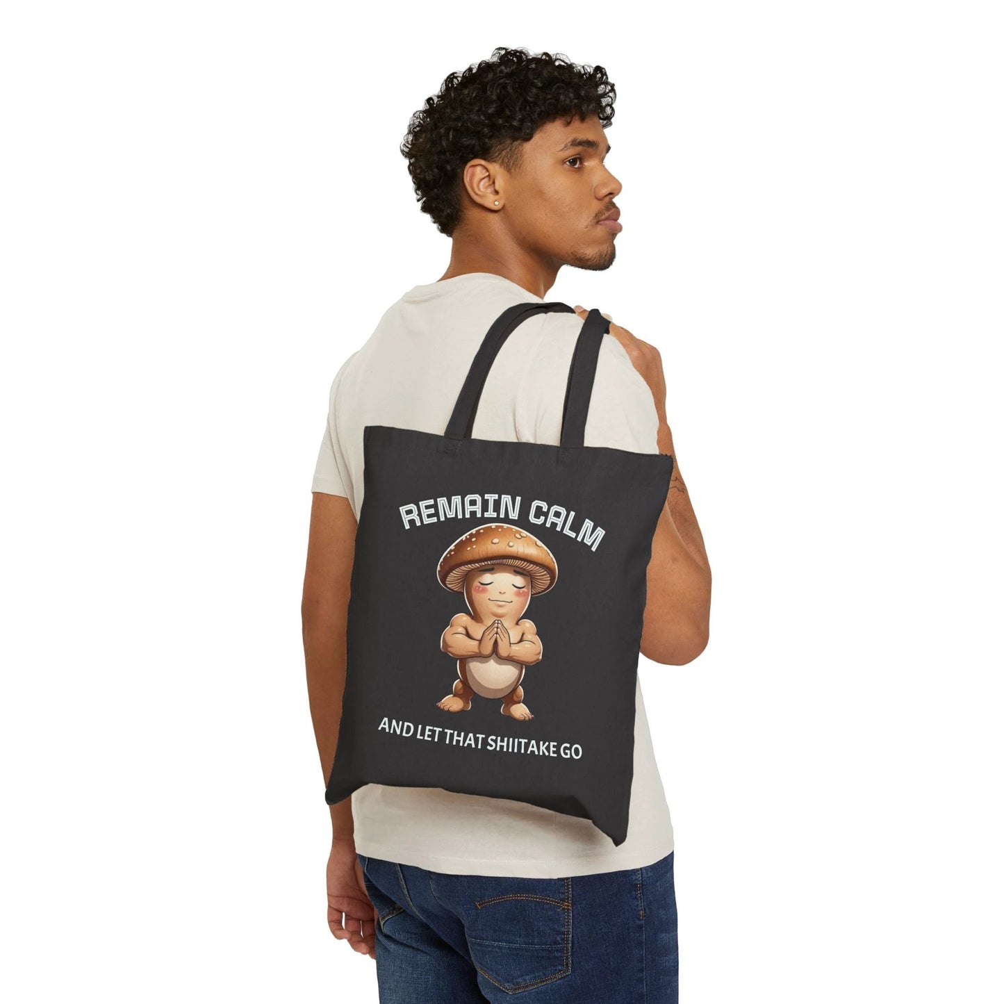 Black Tote Bag — "Remain Calm and Let That Shiitake Go" Cute Mushroom Meditation Canvas Tote by Printify