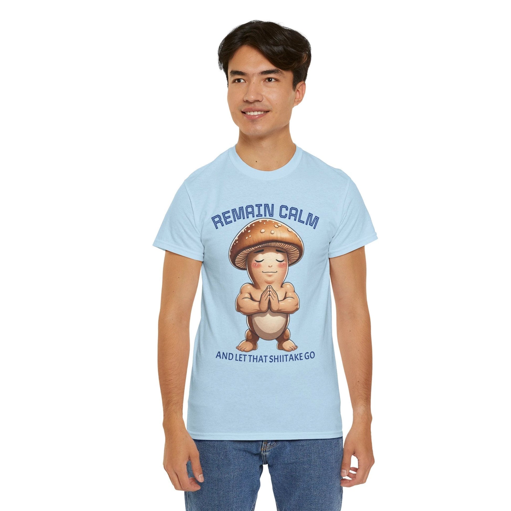 “Funny Mushroom Tee – Remain Calm & Let That Shiitake Go” - Unisex Heavy Cotton by Printify