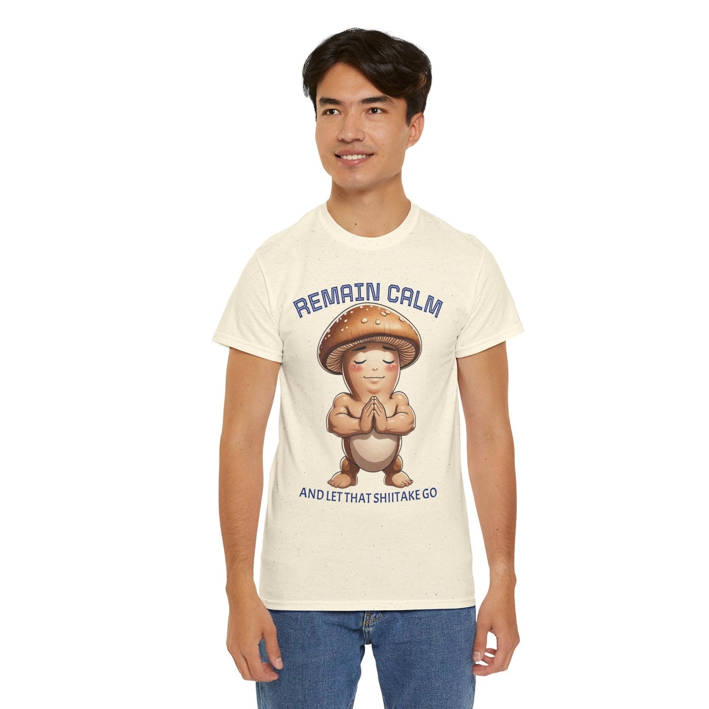 “Funny Mushroom Tee – Remain Calm & Let That Shiitake Go” - Unisex Heavy Cotton by Printify