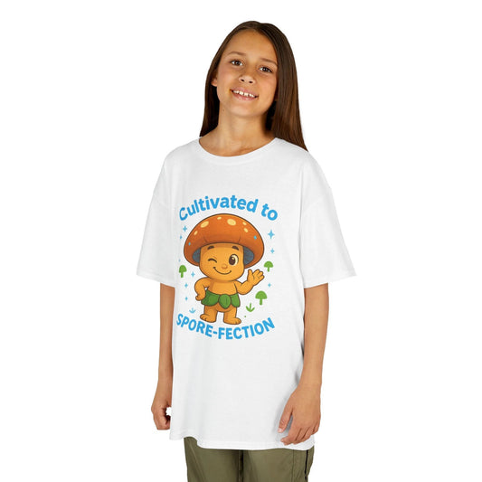 Kids Tee — "Cultivated to Spore-fection" Cute Mushroom Graphic by Printify