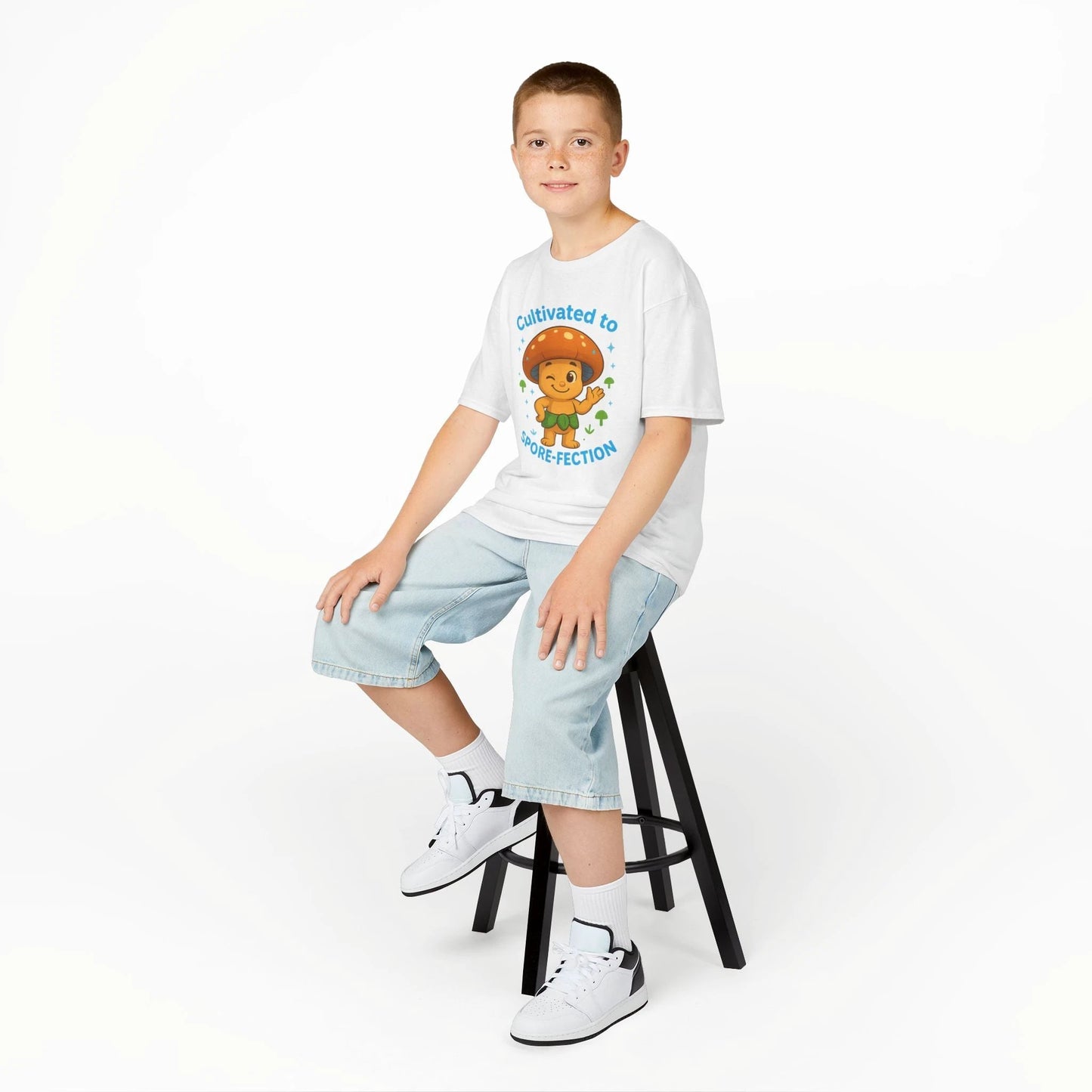 Kids Tee — "Cultivated to Spore-fection" Cute Mushroom Graphic by Printify