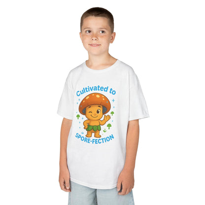 Kids Tee — "Cultivated to Spore-fection" Cute Mushroom Graphic by Printify
