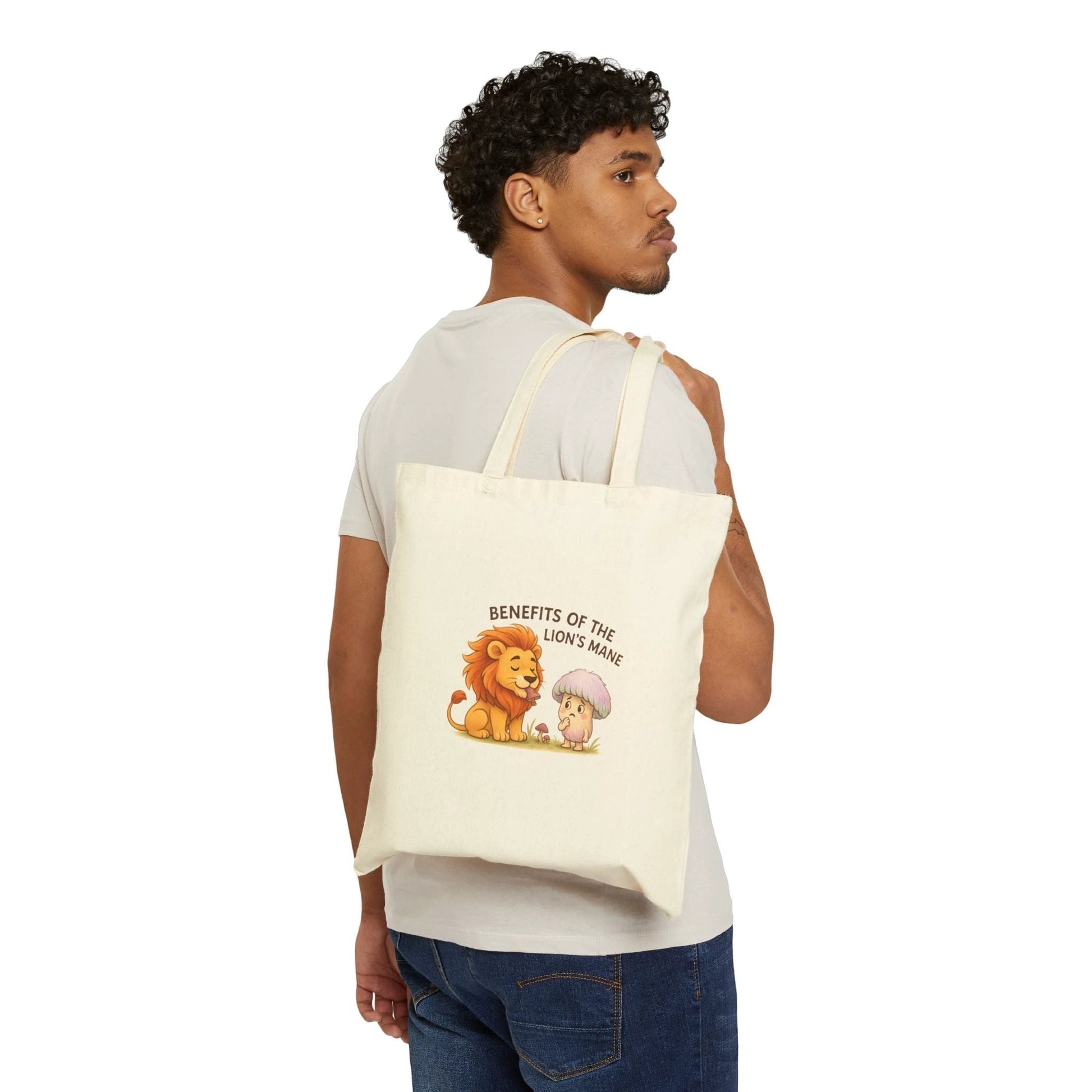Lion’s Mane Mushroom Canvas Tote Bag — 'Benefits of the Lion’s Mane' Double-Sided Cotton Tote by Printify