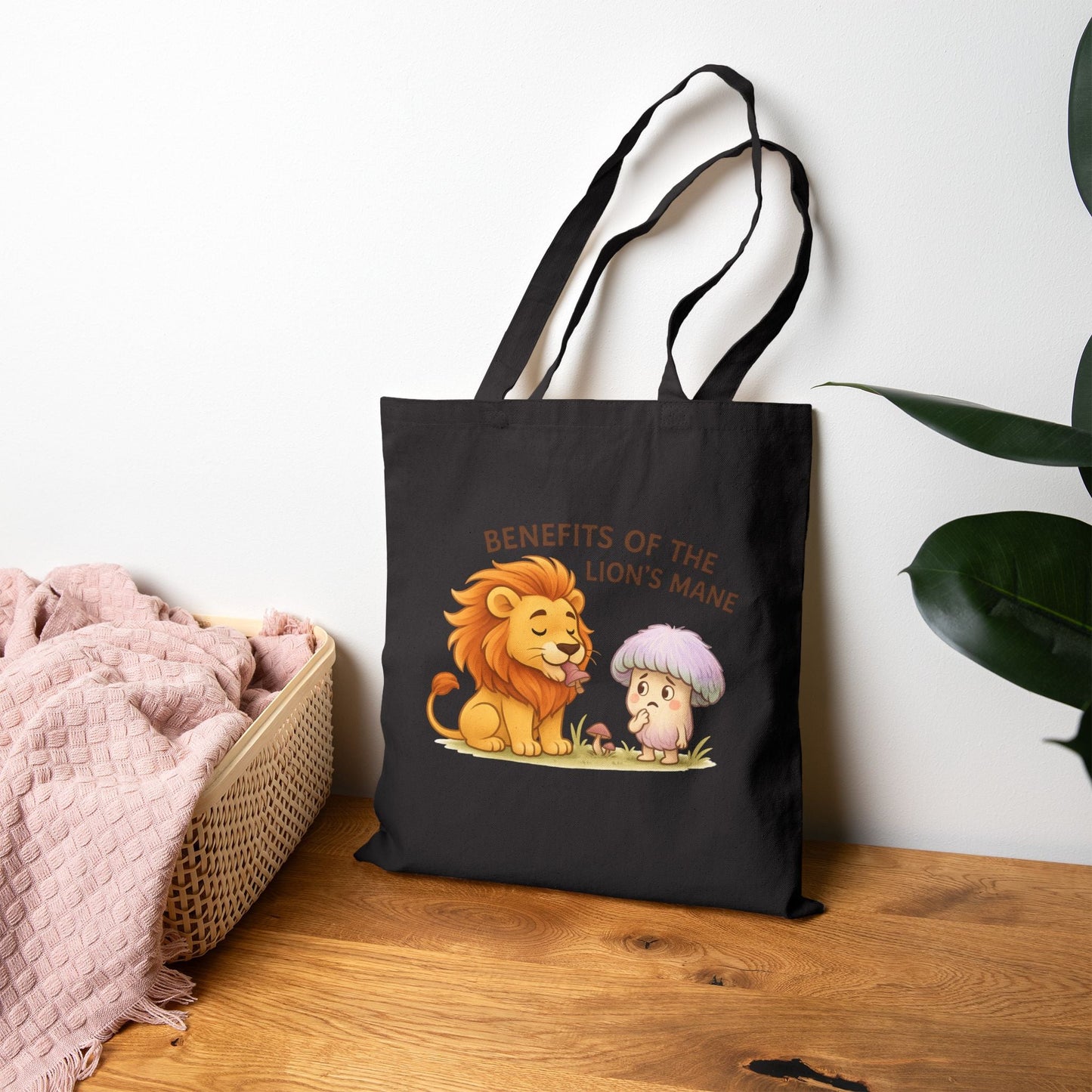 Lion’s Mane Mushroom Canvas Tote Bag — 'Benefits of the Lion’s Mane' One-Sided Cotton Tote by Printify