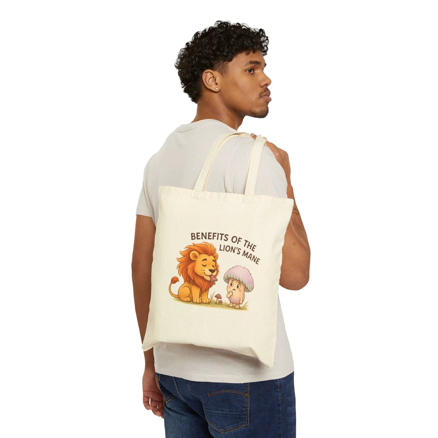 Lion’s Mane Mushroom Canvas Tote Bag — 'Benefits of the Lion’s Mane' One-Sided Cotton Tote by Printify