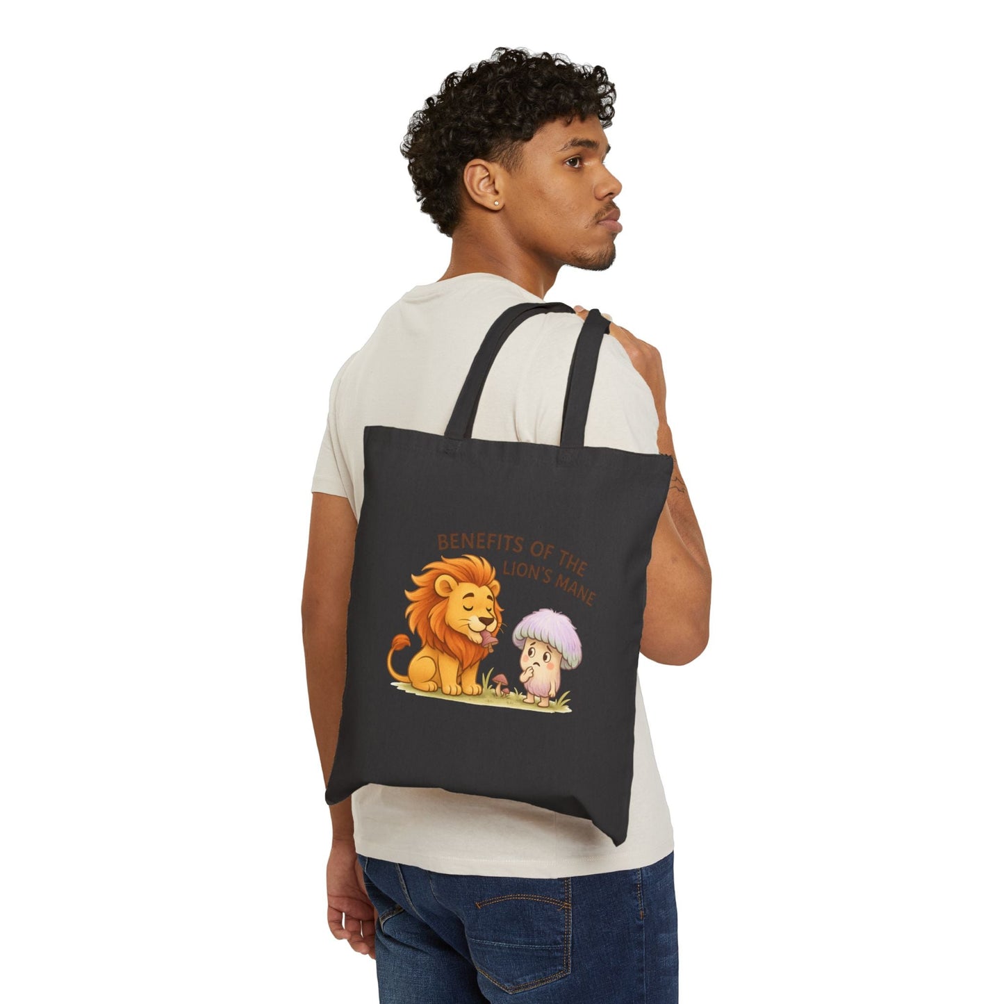 Lion’s Mane Mushroom Canvas Tote Bag — 'Benefits of the Lion’s Mane' One-Sided Cotton Tote by Printify