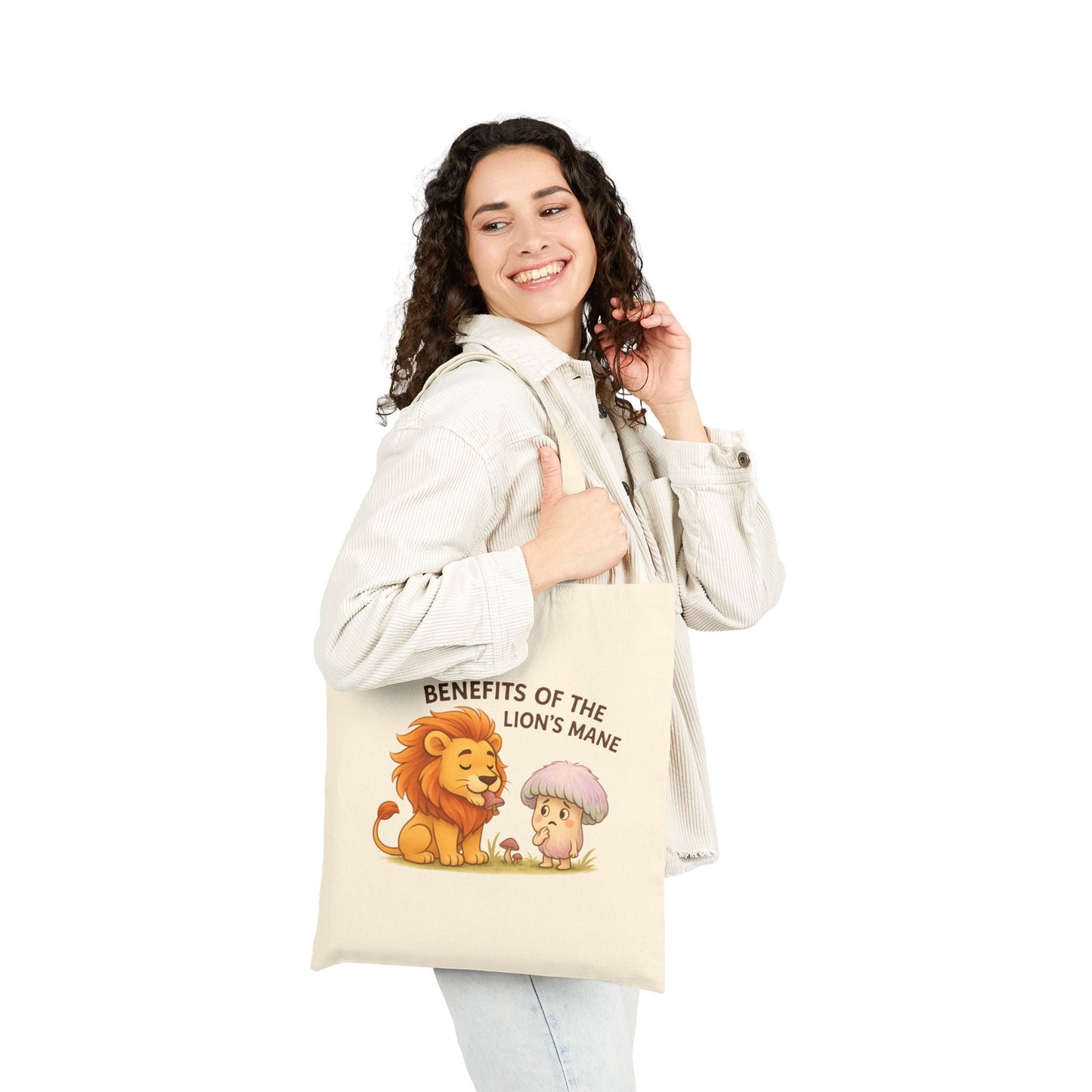 Lion’s Mane Mushroom Canvas Tote Bag — 'Benefits of the Lion’s Mane' One-Sided Cotton Tote by Printify