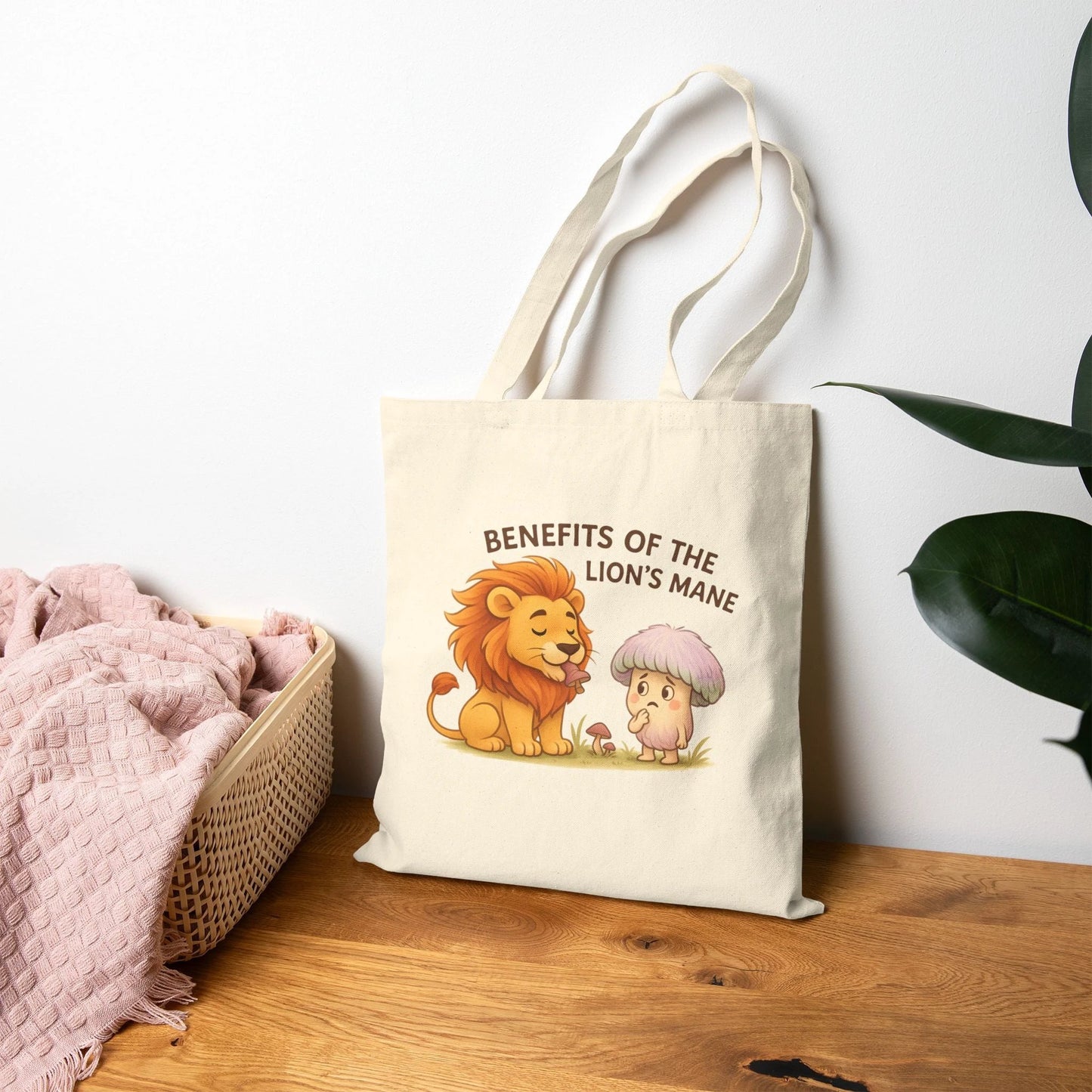 Lion’s Mane Mushroom Canvas Tote Bag — 'Benefits of the Lion’s Mane' One-Sided Cotton Tote by Printify