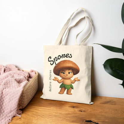 “Funny Cute Mushroom Sprout Tote Bag – Spores Before Chores" Cotton Canvas Shopper by Printify