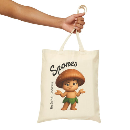 “Funny Cute Mushroom Sprout Tote Bag – Spores Before Chores" Cotton Canvas Shopper by Printify