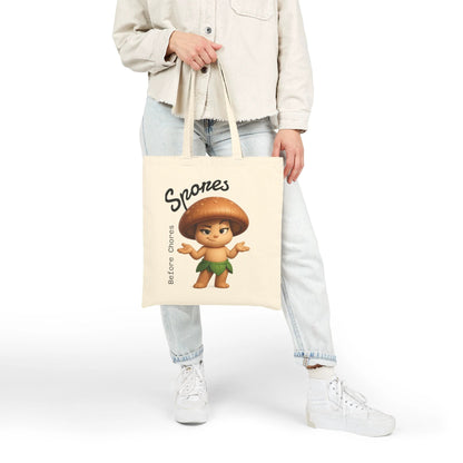 “Funny Cute Mushroom Sprout Tote Bag – Spores Before Chores" Cotton Canvas Shopper by Printify