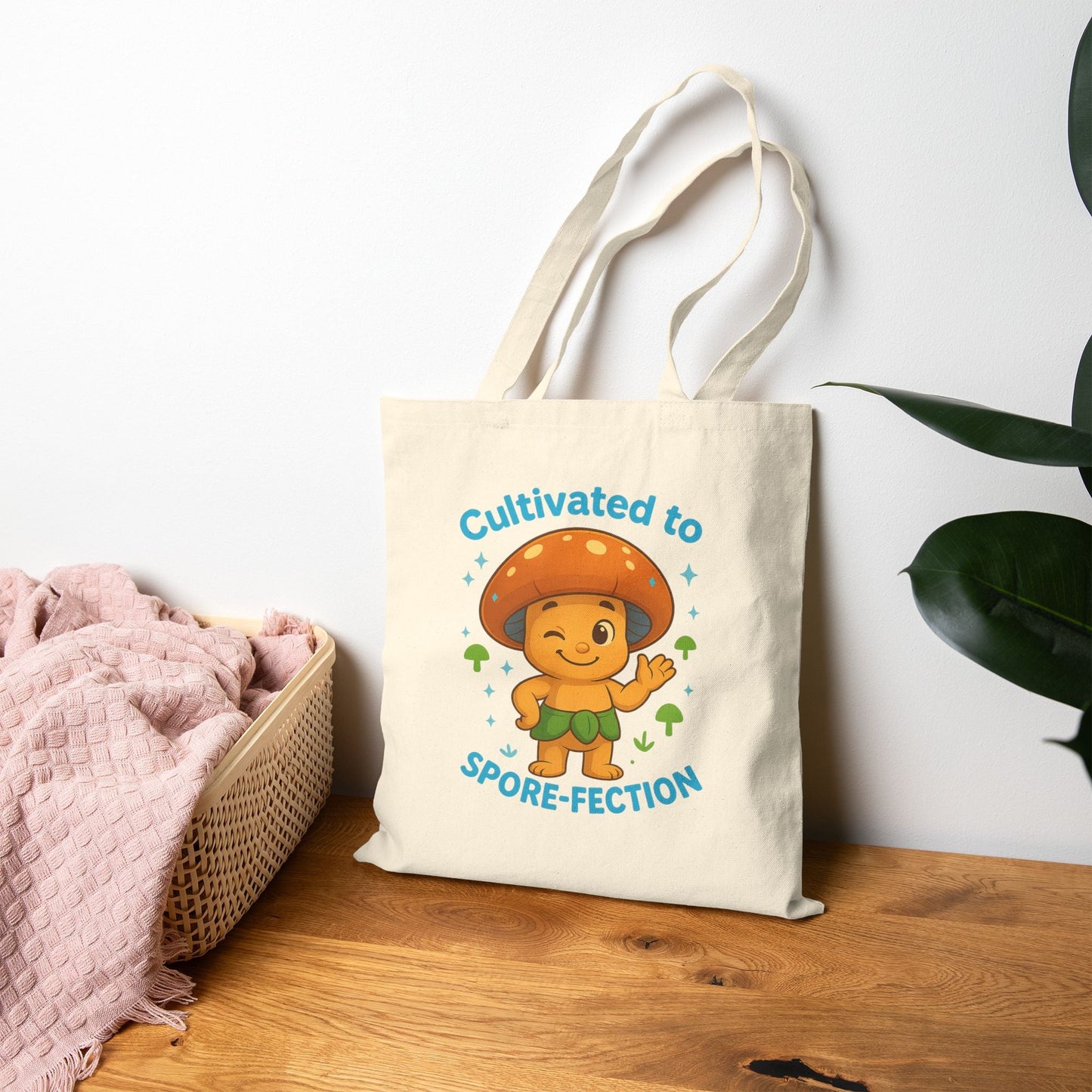 Mushroom Tote Bag — "Cultivated to Spore-fection" Cute Fungi Canvas Tote by Printify