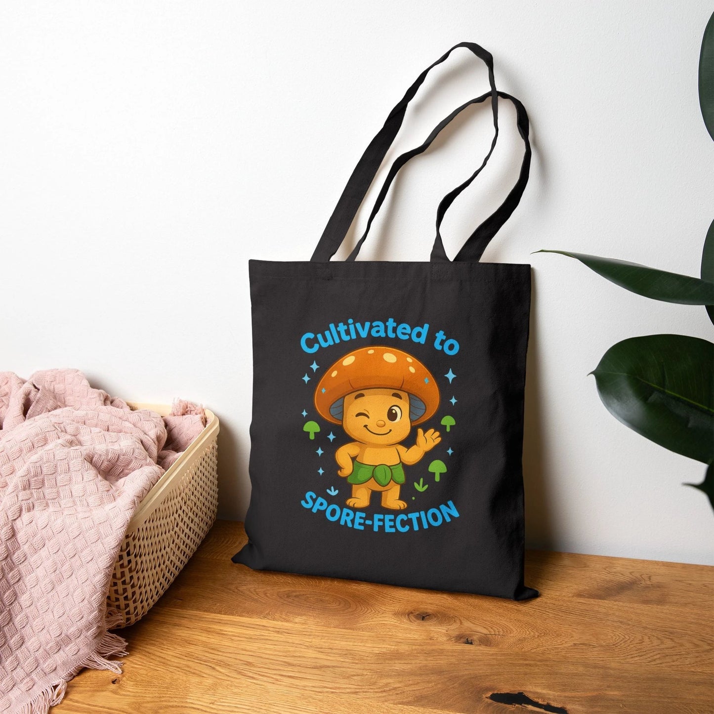 Mushroom Tote Bag — "Cultivated to Spore-fection" Cute Fungi Canvas Tote by Printify