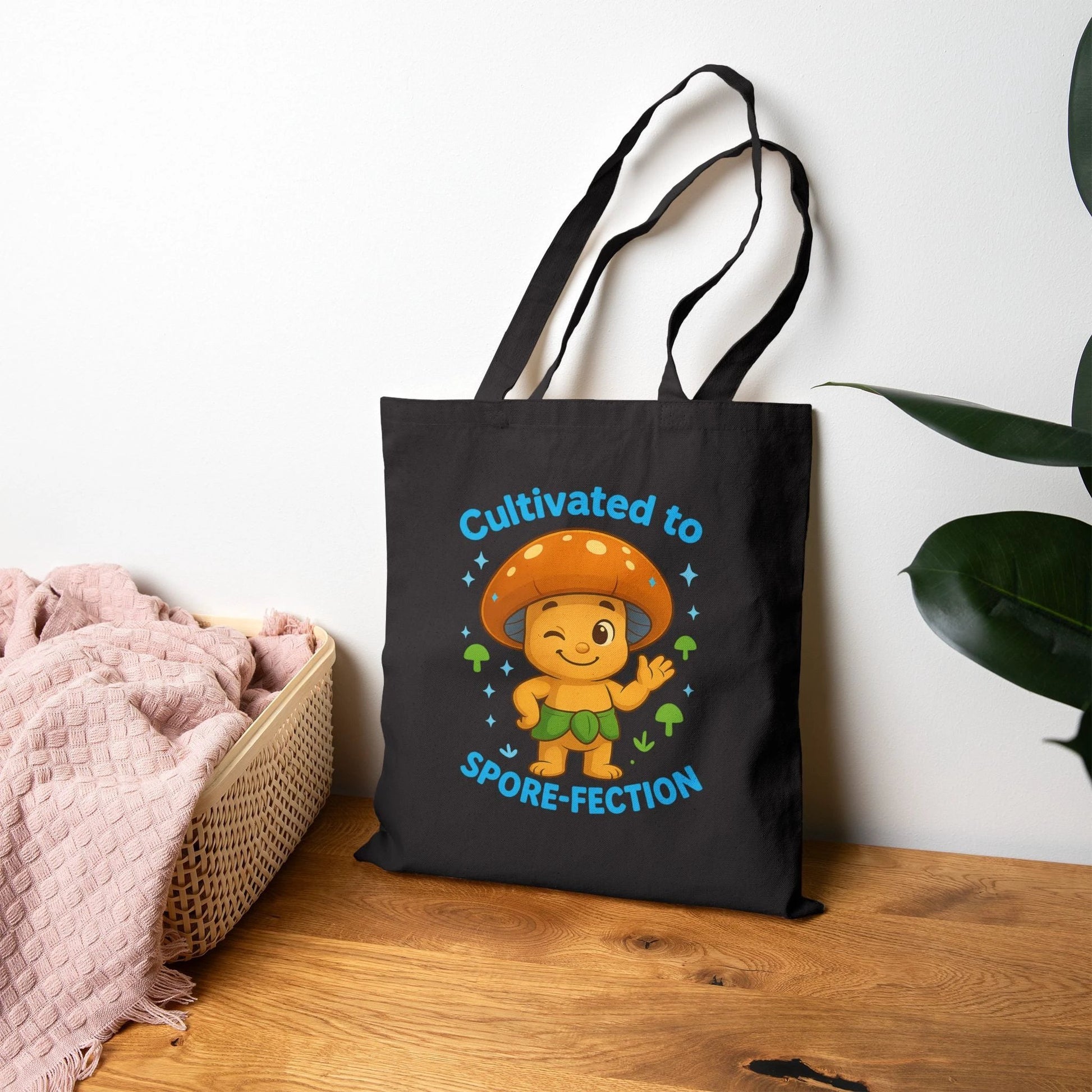 Mushroom Tote Bag — "Cultivated to Spore-fection" Cute Fungi Canvas Tote by Printify