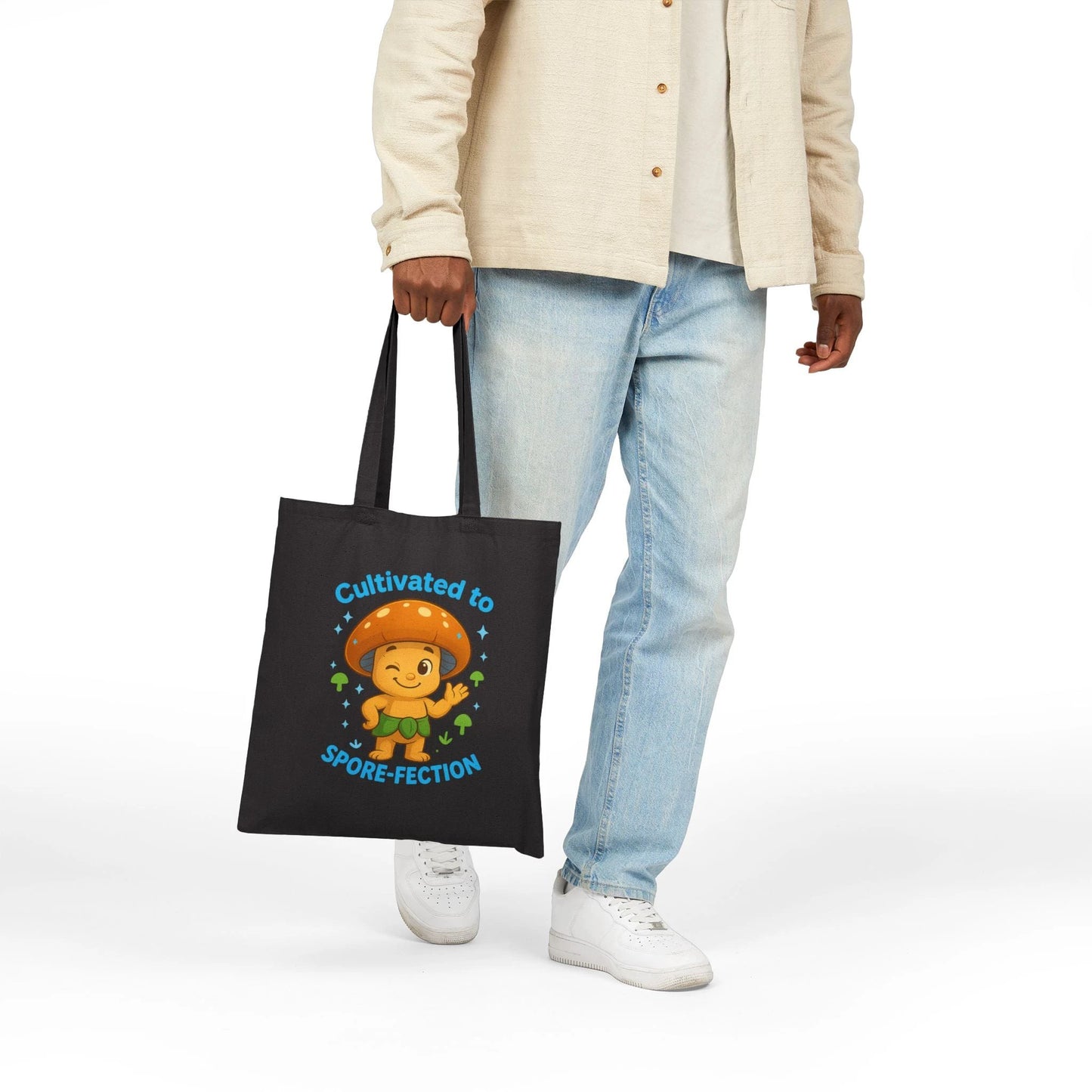 Mushroom Tote Bag — "Cultivated to Spore-fection" Cute Fungi Canvas Tote by Printify