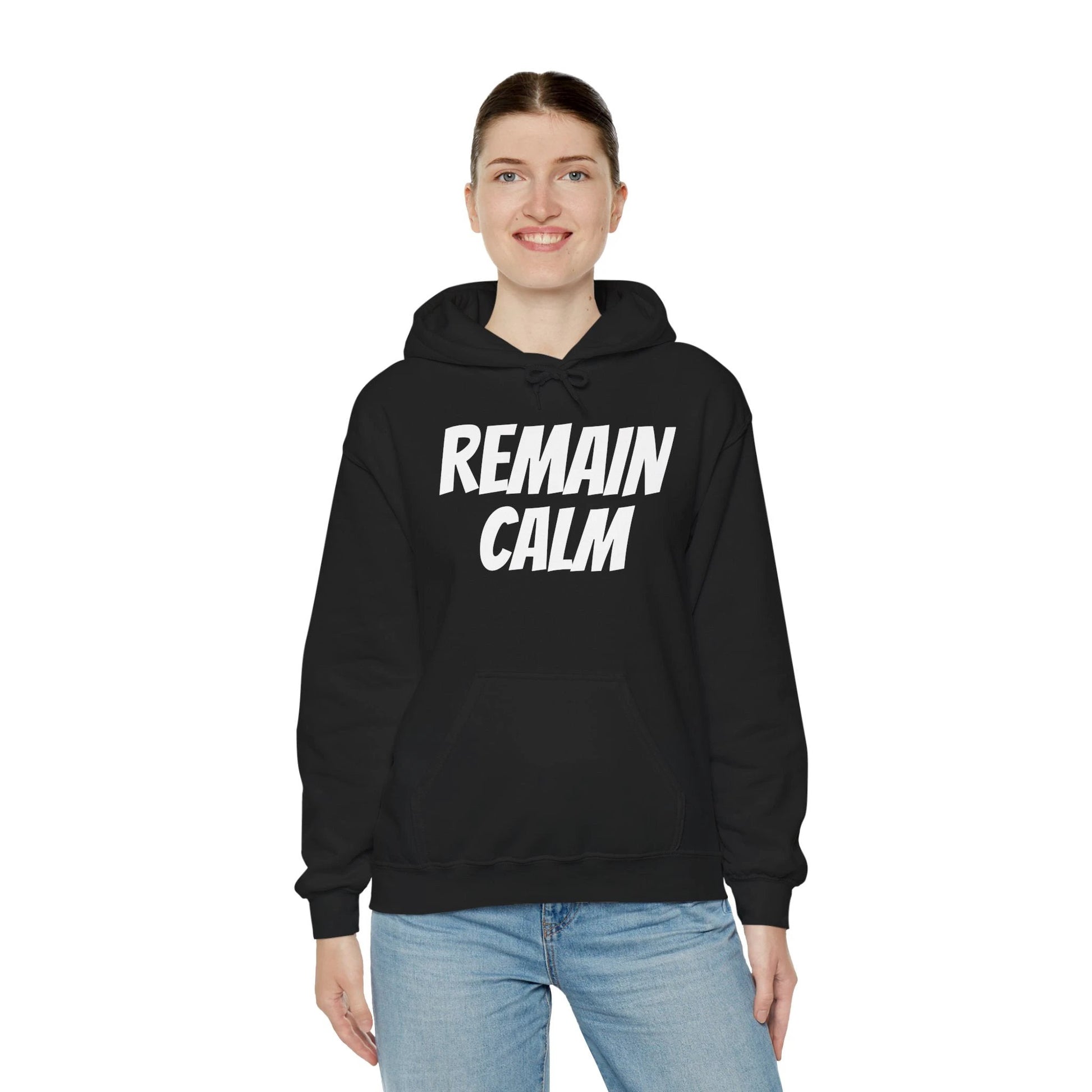 Relaxed Fit Hoodie with 'Remain Calm' Design - Perfect for Stress Relief & Everyday Comfort by Printify
