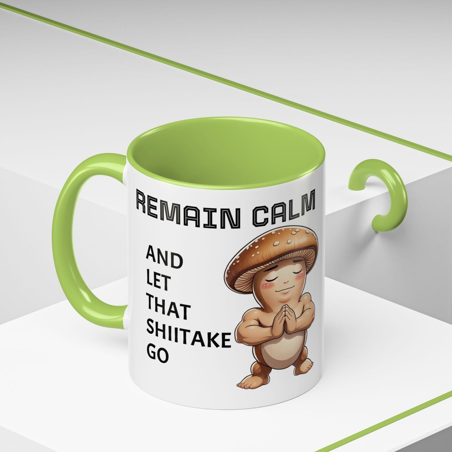 “Funny Mushroom Coffee Mug – Remain Calm & Let That Shiitake Go” (11 oz) Left Side by Printify