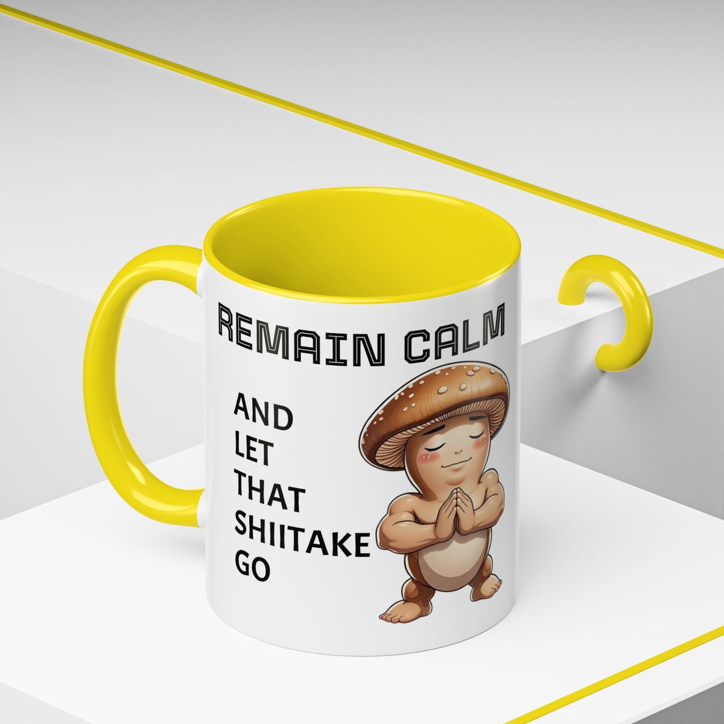 “Funny Mushroom Coffee Mug – Remain Calm & Let That Shiitake Go” (11 oz) Left Side by Printify