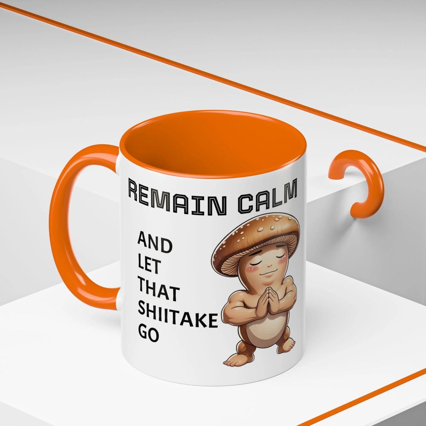 “Funny Mushroom Coffee Mug – Remain Calm & Let That Shiitake Go” (11 oz) Left Side by Printify