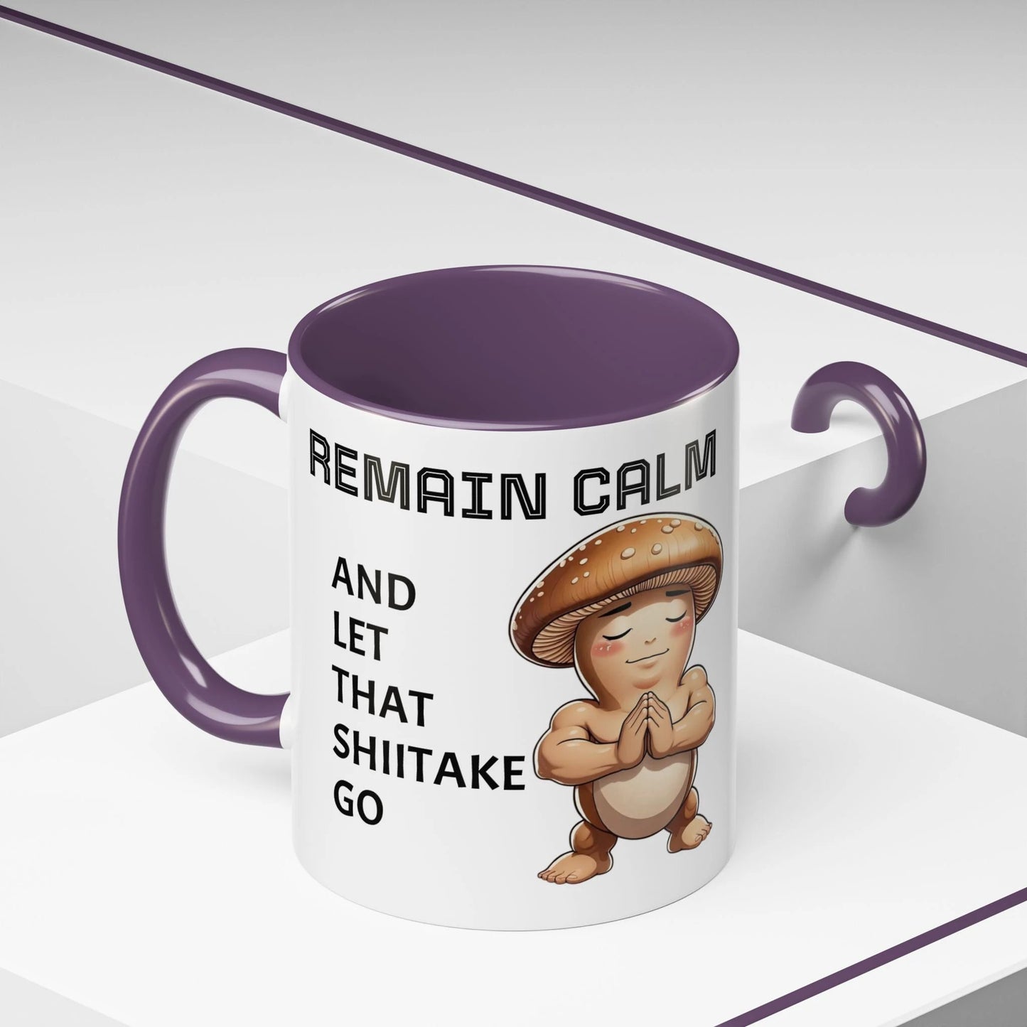 “Funny Mushroom Coffee Mug – Remain Calm & Let That Shiitake Go” (11 oz) Left Side by Printify