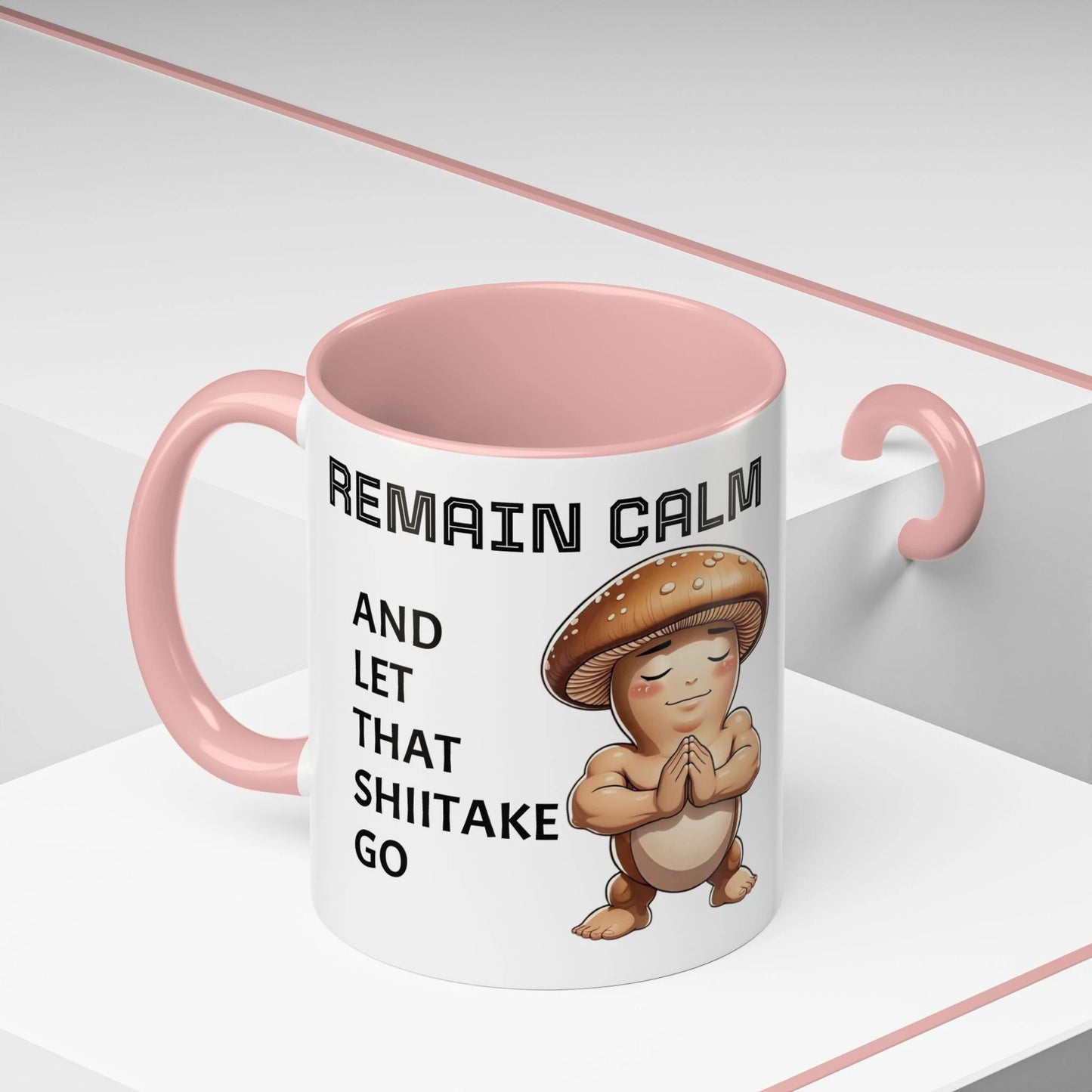 “Funny Mushroom Coffee Mug – Remain Calm & Let That Shiitake Go” (11 oz) Left Side by Printify