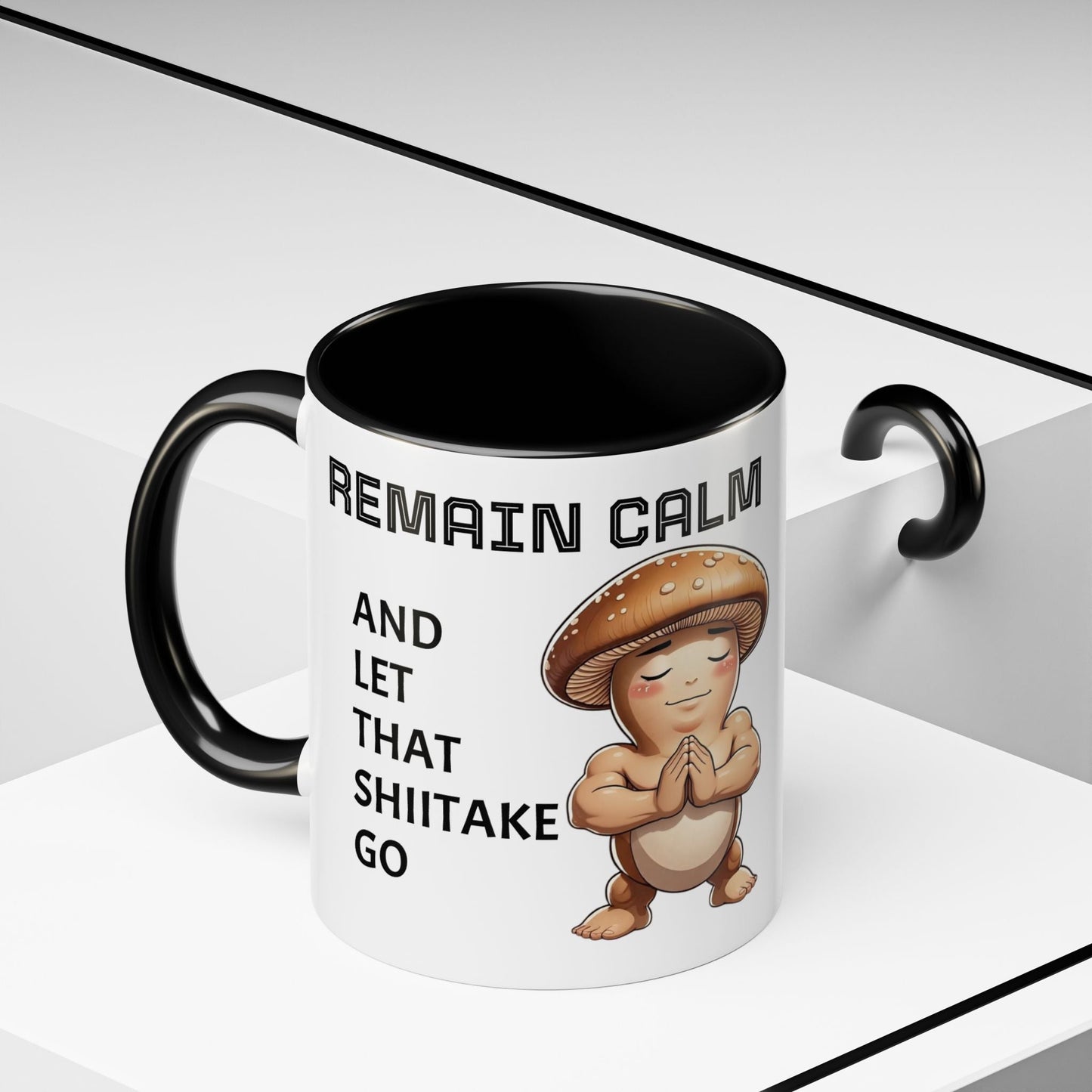 “Funny Mushroom Coffee Mug – Remain Calm & Let That Shiitake Go” (11 oz) Left Side by Printify