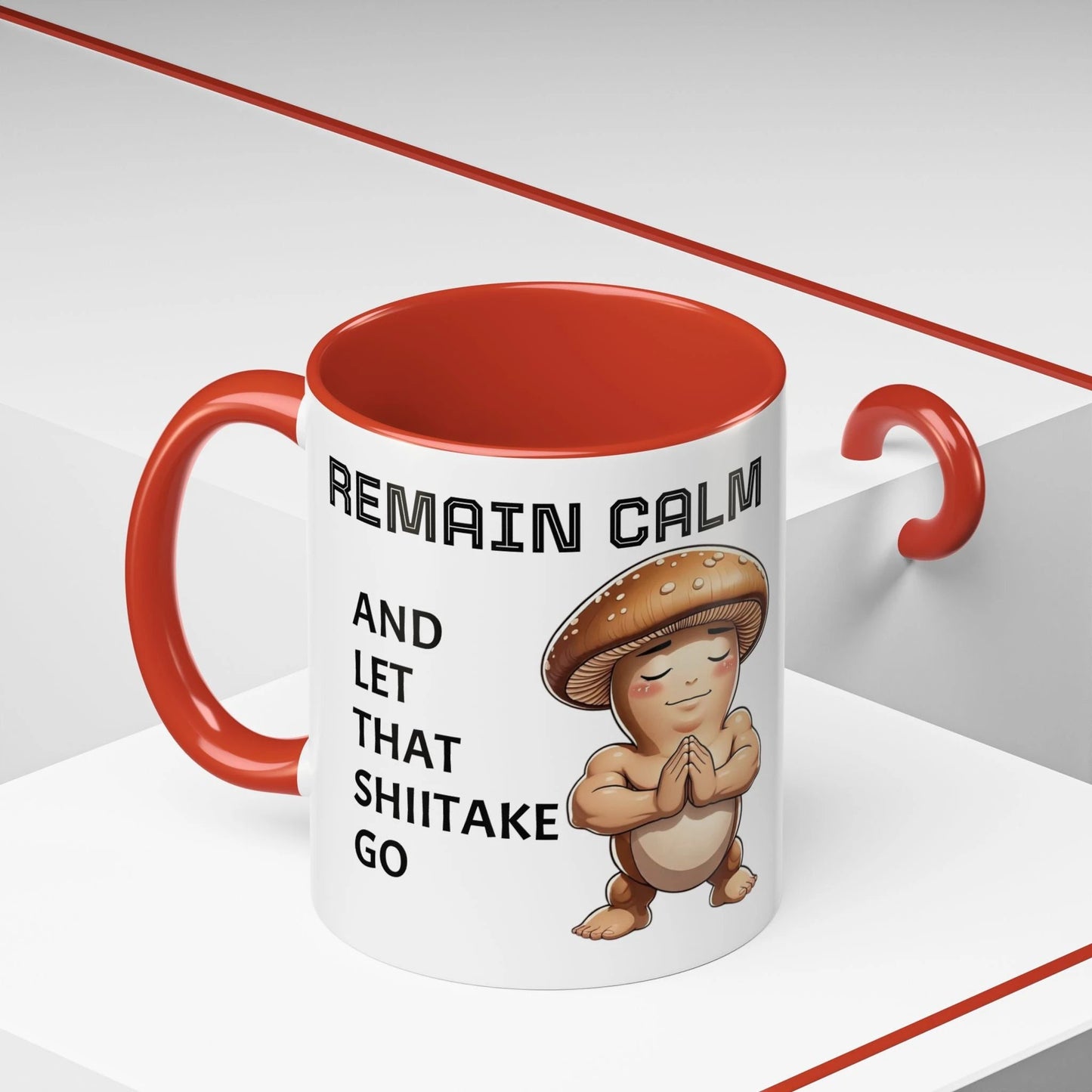 “Funny Mushroom Coffee Mug – Remain Calm & Let That Shiitake Go” (11 oz) Left Side by Printify