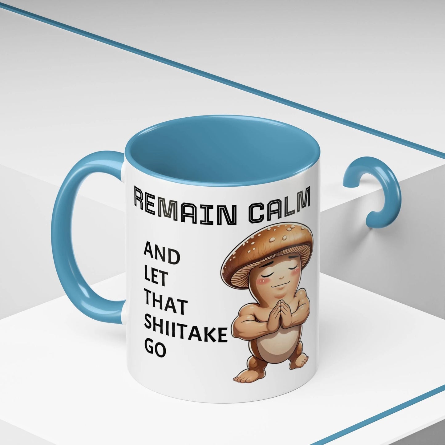 “Funny Mushroom Coffee Mug – Remain Calm & Let That Shiitake Go” (11 oz) Left Side by Printify