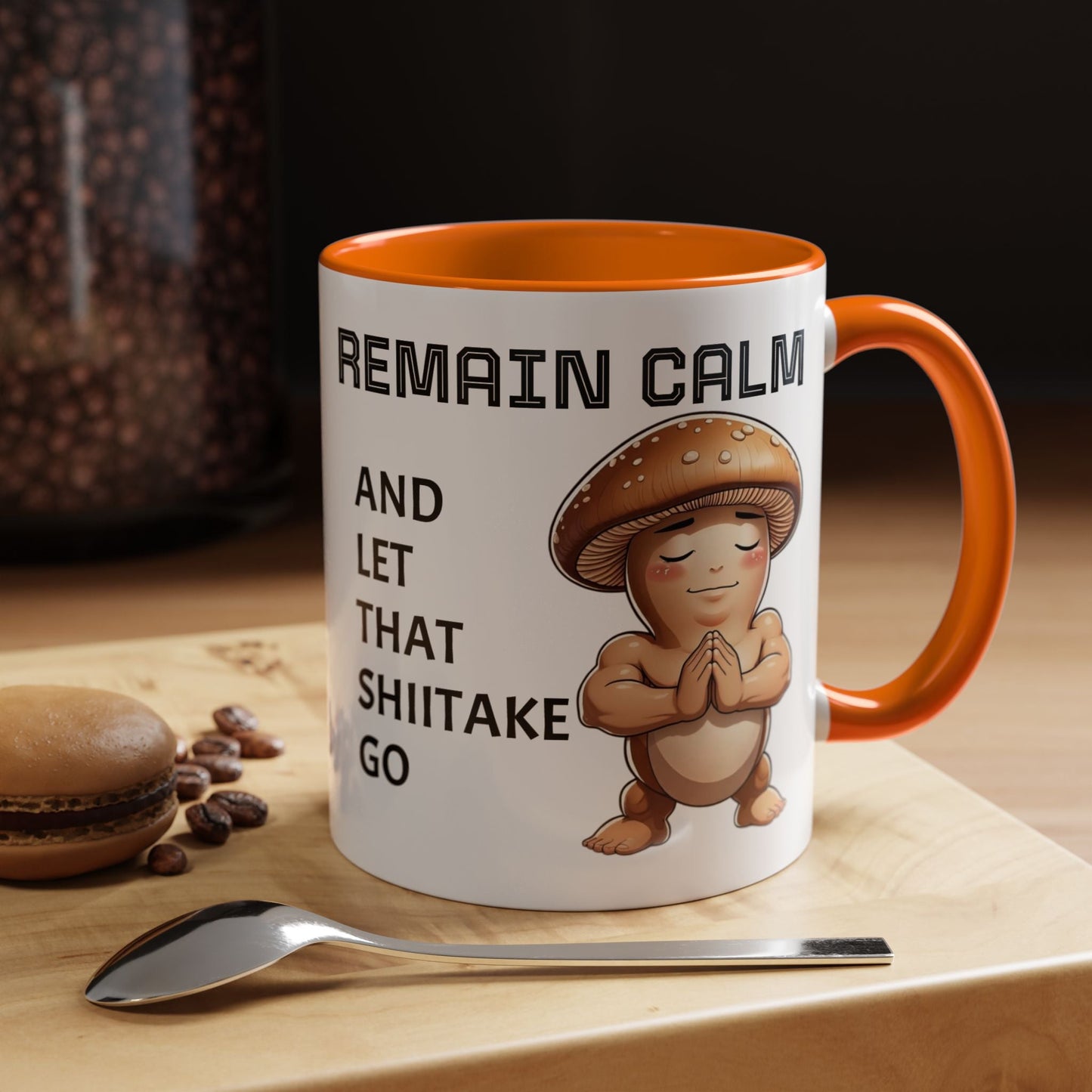 “Funny Mushroom Coffee Mug – Remain Calm & Let That Shiitake Go” (11 oz) Right Side by Printify