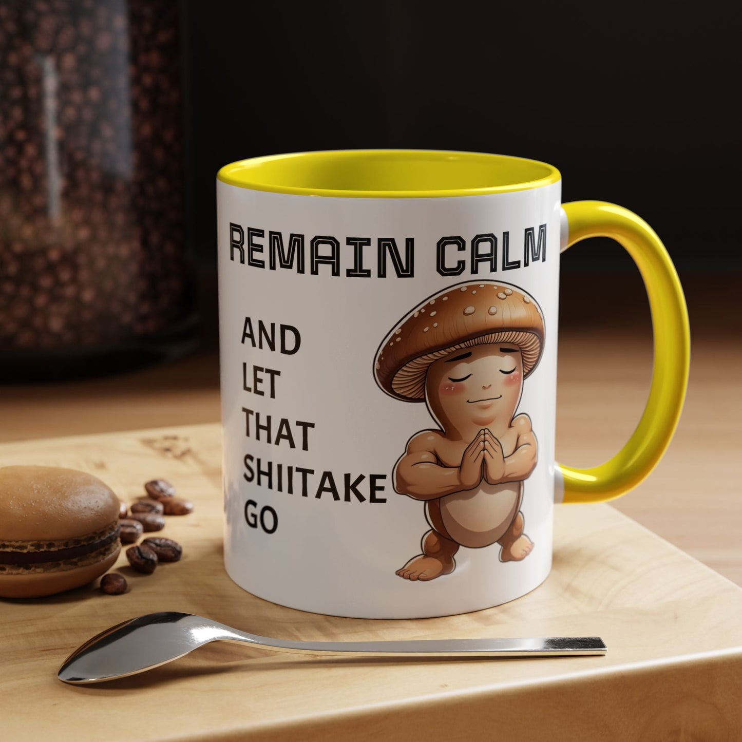 “Funny Mushroom Coffee Mug – Remain Calm & Let That Shiitake Go” (11 oz) Right Side by Printify