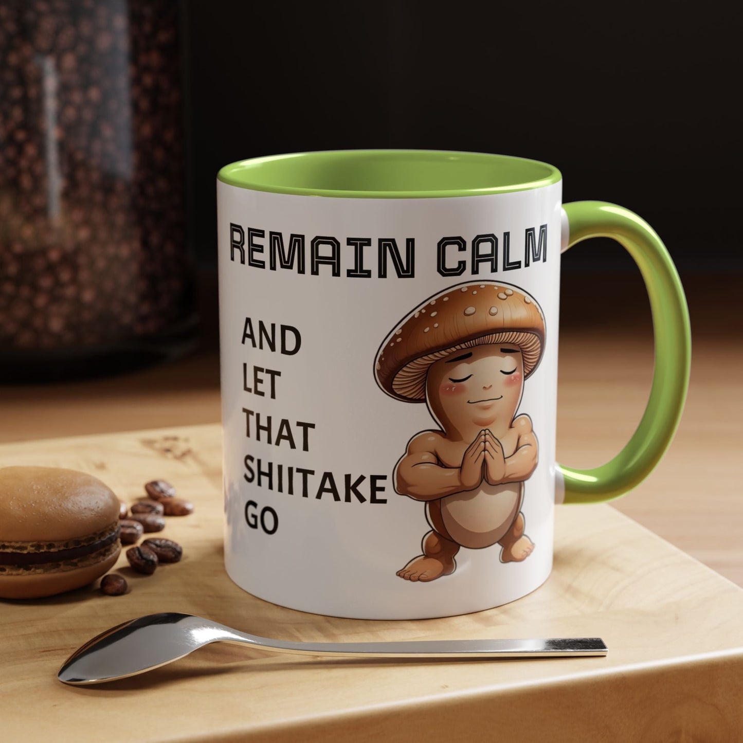 “Funny Mushroom Coffee Mug – Remain Calm & Let That Shiitake Go” (11 oz) Right Side by Printify
