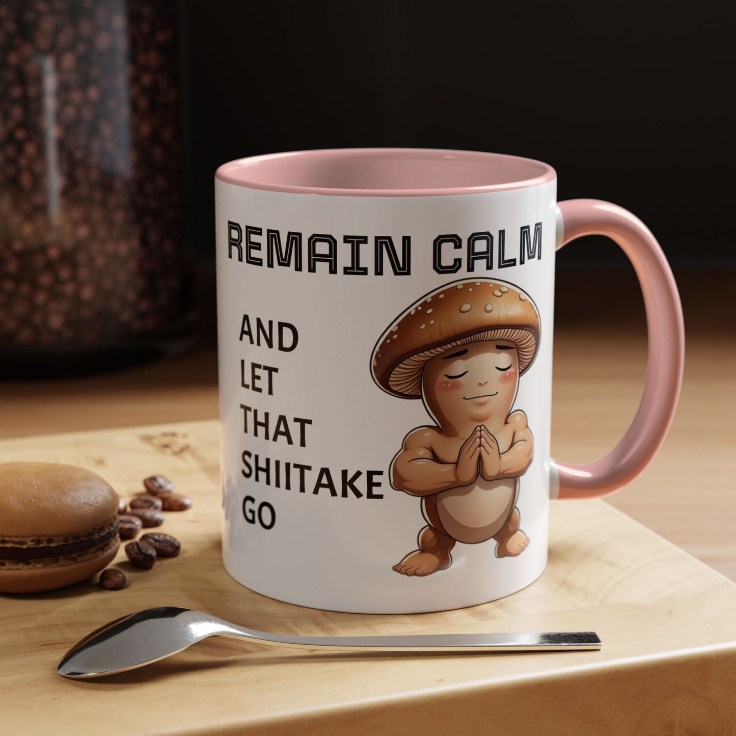 “Funny Mushroom Coffee Mug – Remain Calm & Let That Shiitake Go” (11 oz) Right Side by Printify