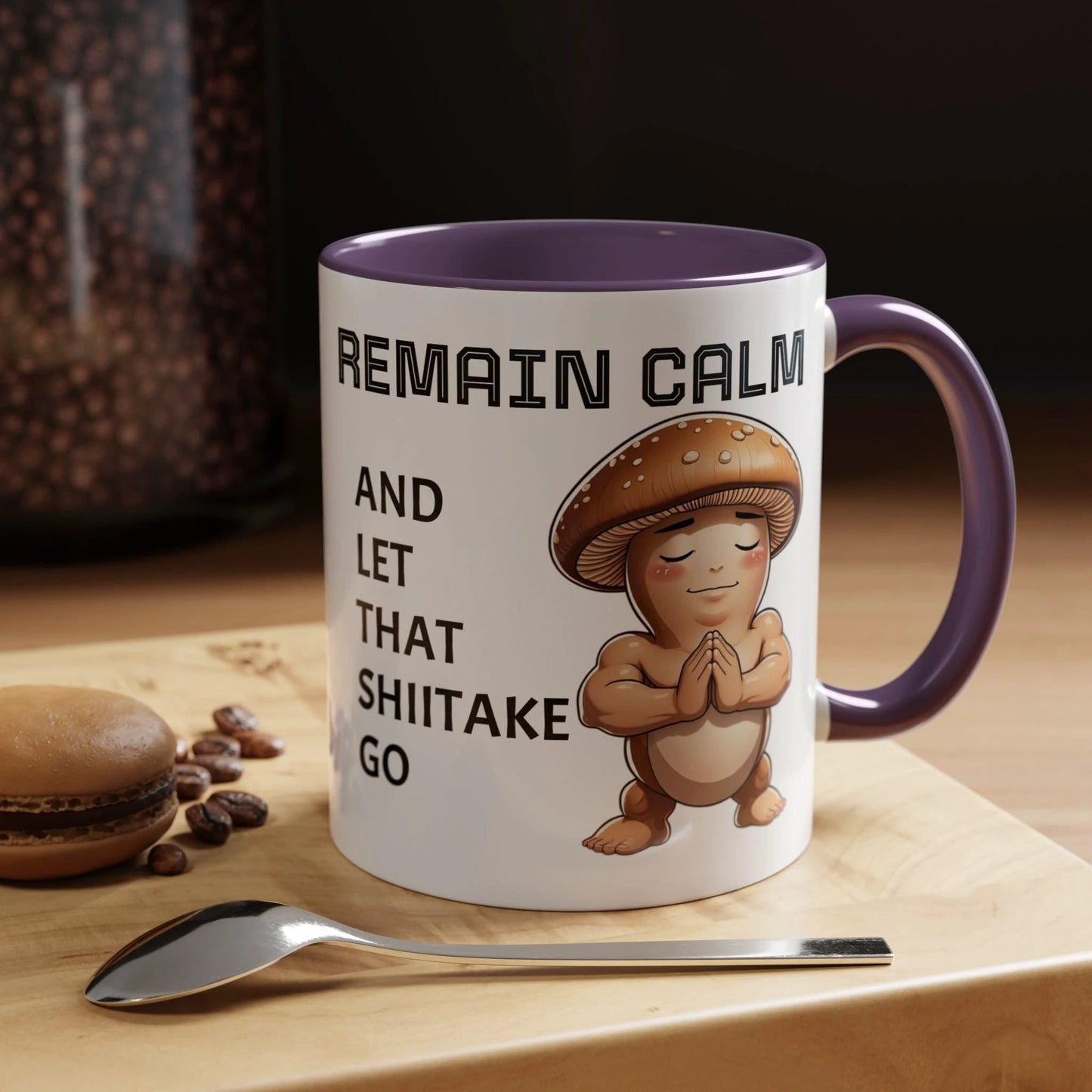 “Funny Mushroom Coffee Mug – Remain Calm & Let That Shiitake Go” (11 oz) Right Side by Printify