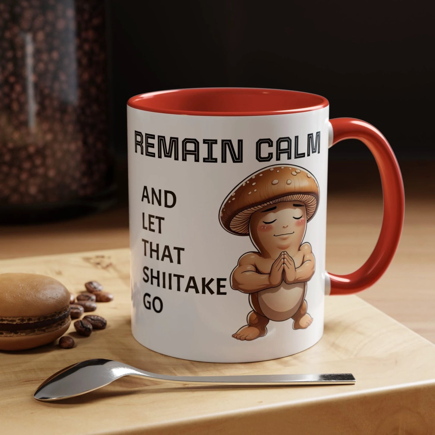 “Funny Mushroom Coffee Mug – Remain Calm & Let That Shiitake Go” (11 oz) Right Side by Printify