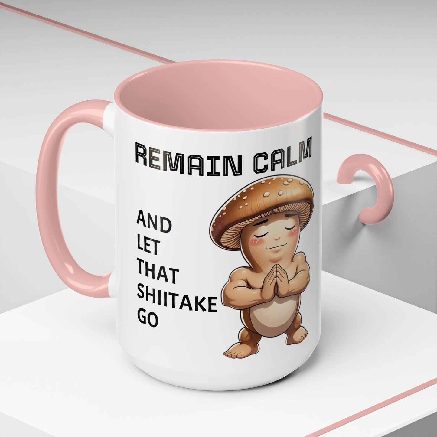 “Funny Mushroom Coffee Mug – Remain Calm & Let That Shiitake Go” (15 oz) Left Side-Multiple Colors by Printify