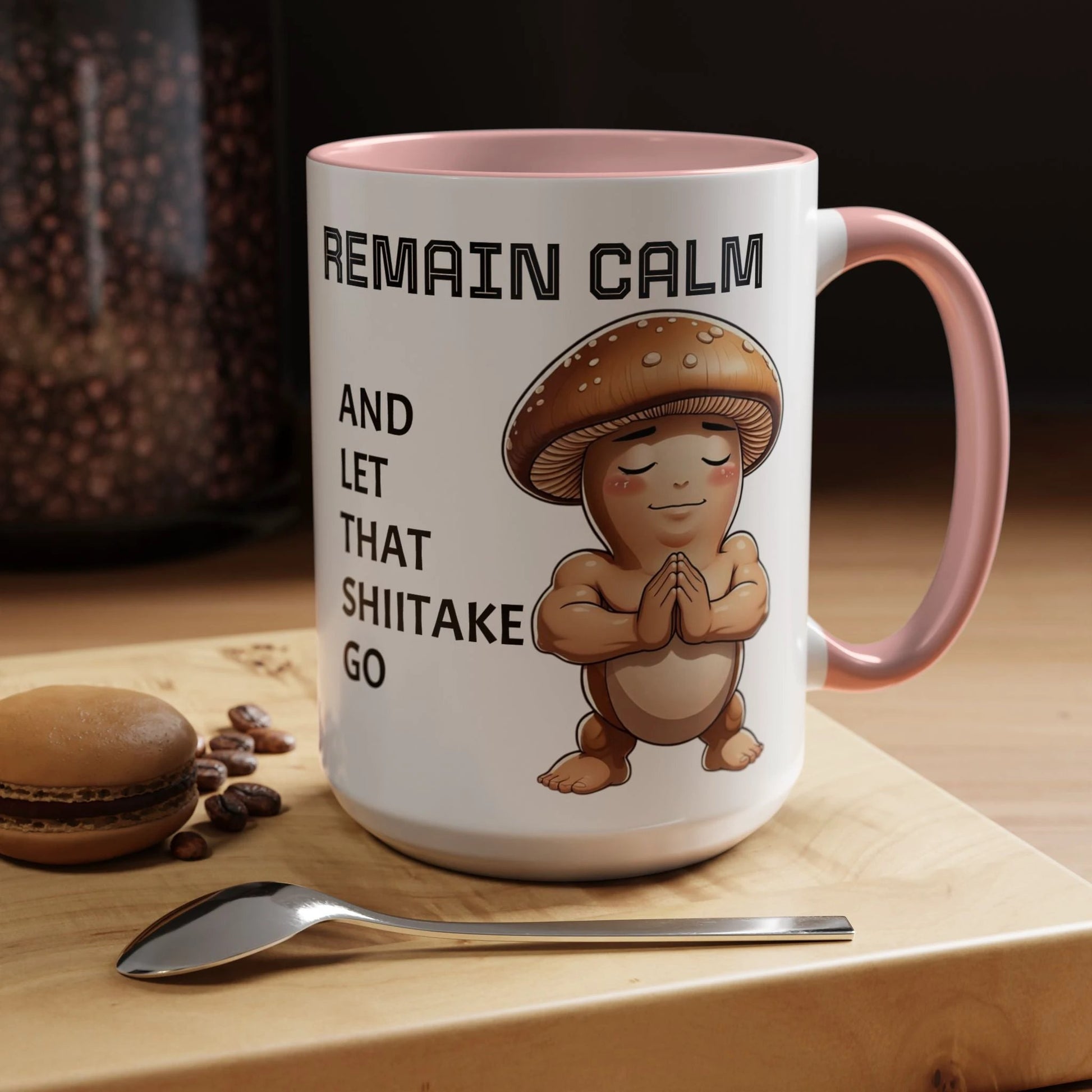 “Funny Mushroom Coffee Mug – Remain Calm & Let That Shiitake Go” (15 oz) Right Side by Printify