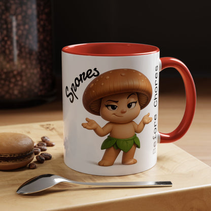 “Funny Mushroom Coffee Mug – Spores Before Chores" (11 oz) Right Side-Multiple Colors by Printify