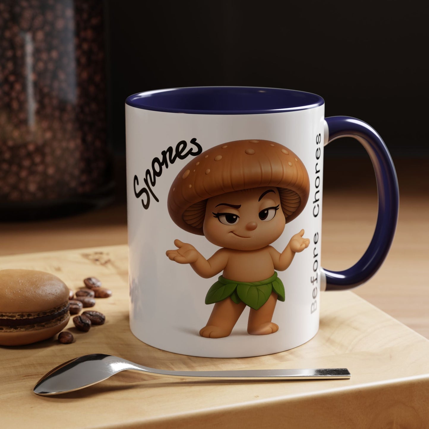 “Funny Mushroom Coffee Mug – Spores Before Chores" (11 oz) Right Side-Multiple Colors by Printify