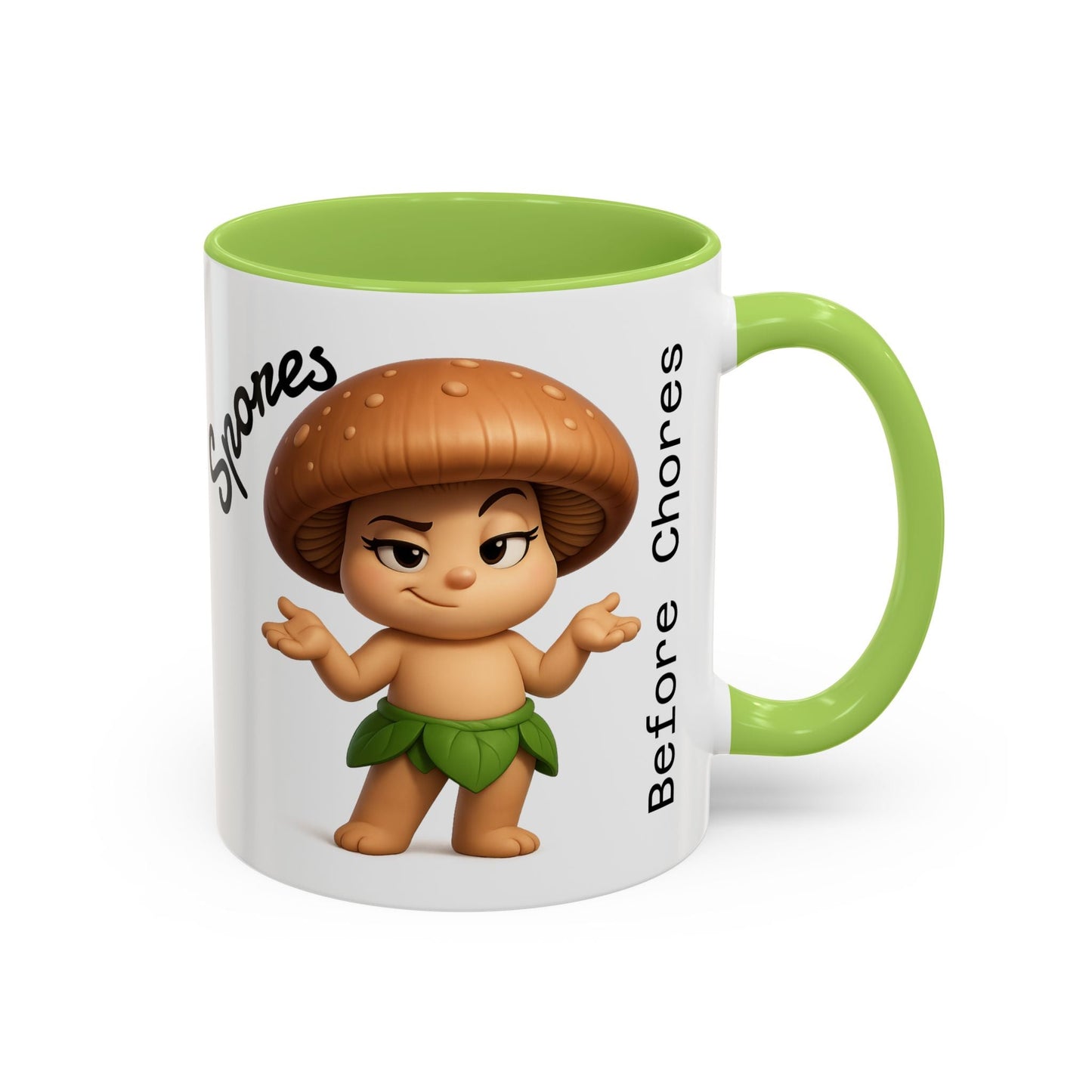 “Funny Mushroom Coffee Mug – Spores Before Chores" (11 oz) Right Side-Multiple Colors by Printify