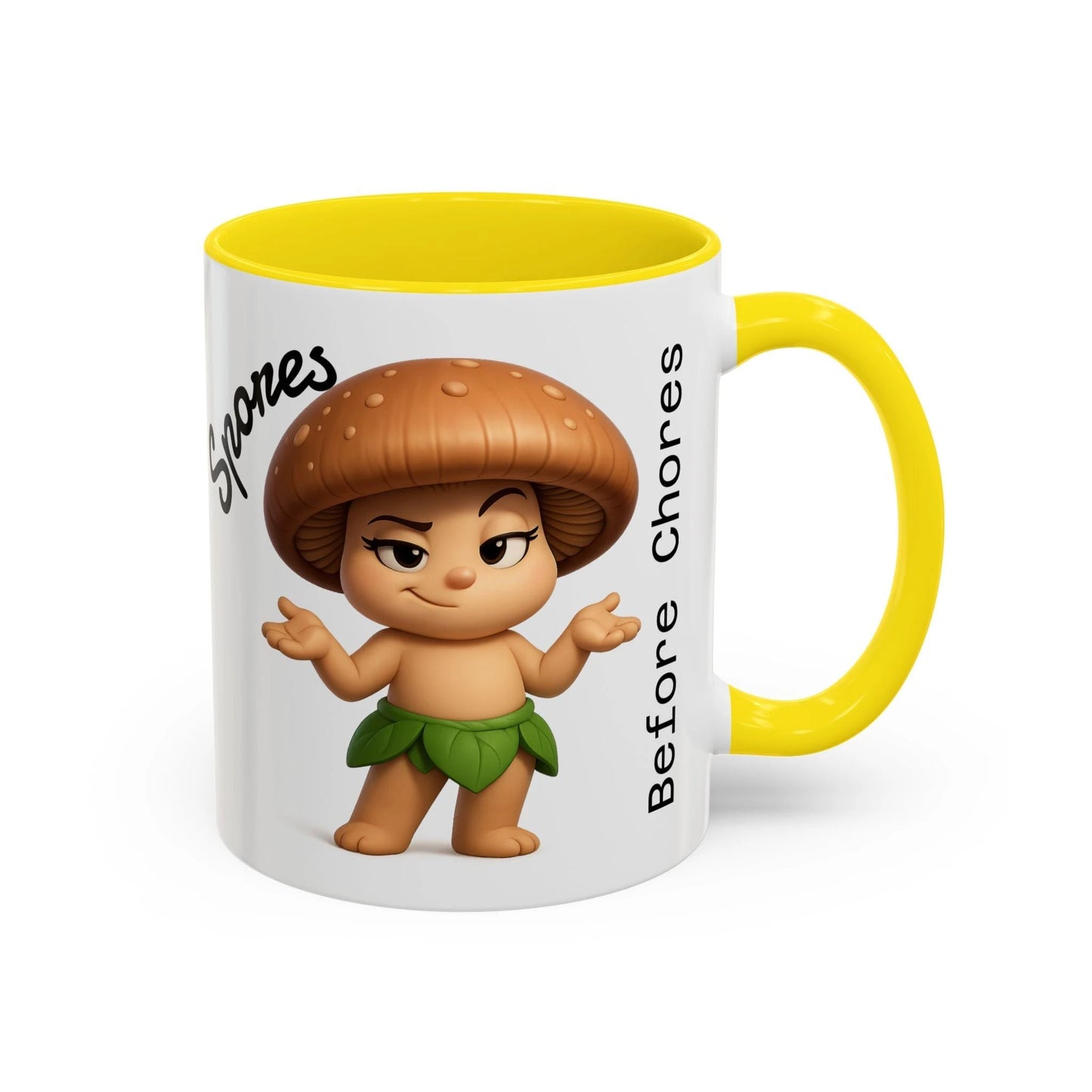 “Funny Mushroom Coffee Mug – Spores Before Chores" (11 oz) Right Side-Multiple Colors by Printify
