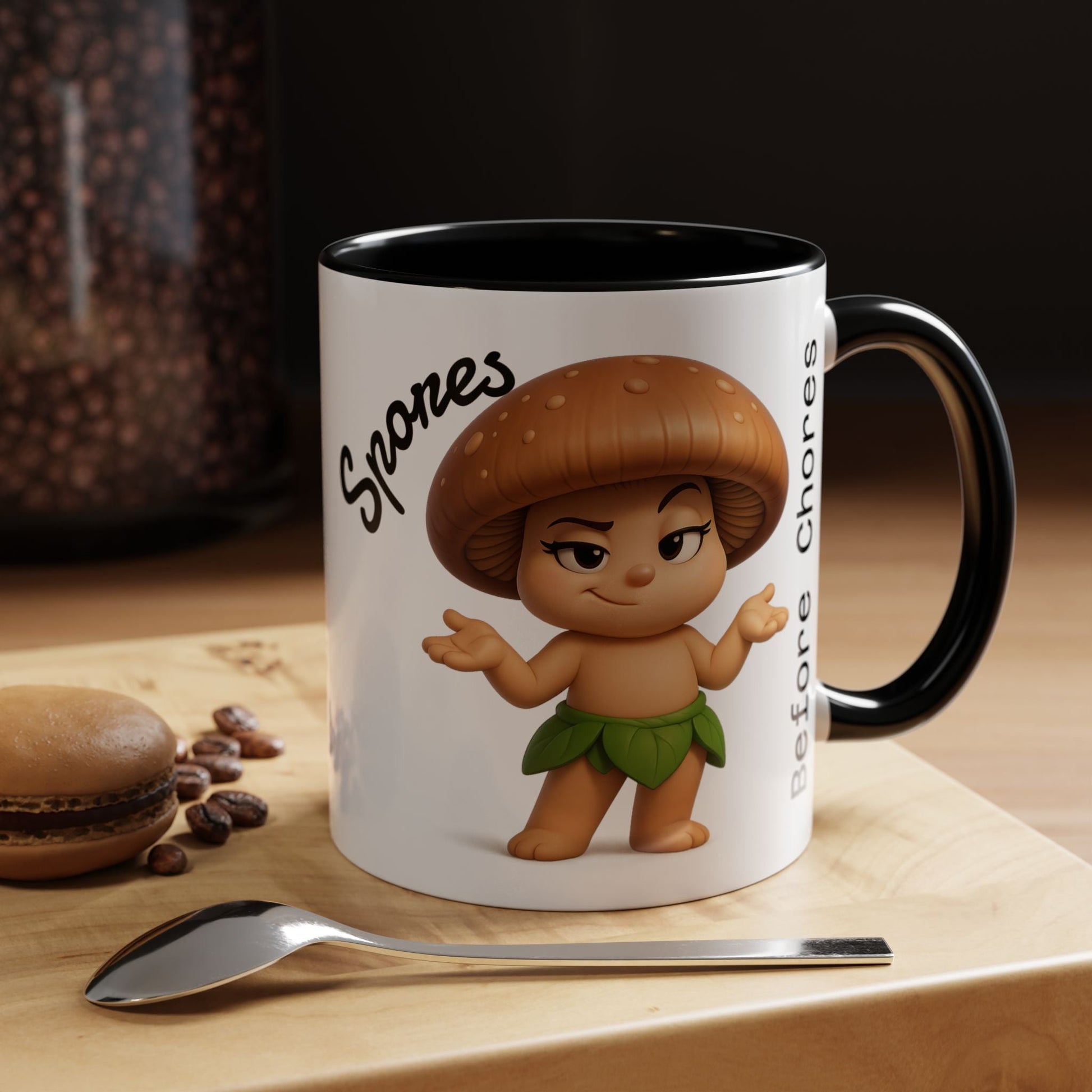 “Funny Mushroom Coffee Mug – Spores Before Chores" (11 oz) Right Side-Multiple Colors by Printify