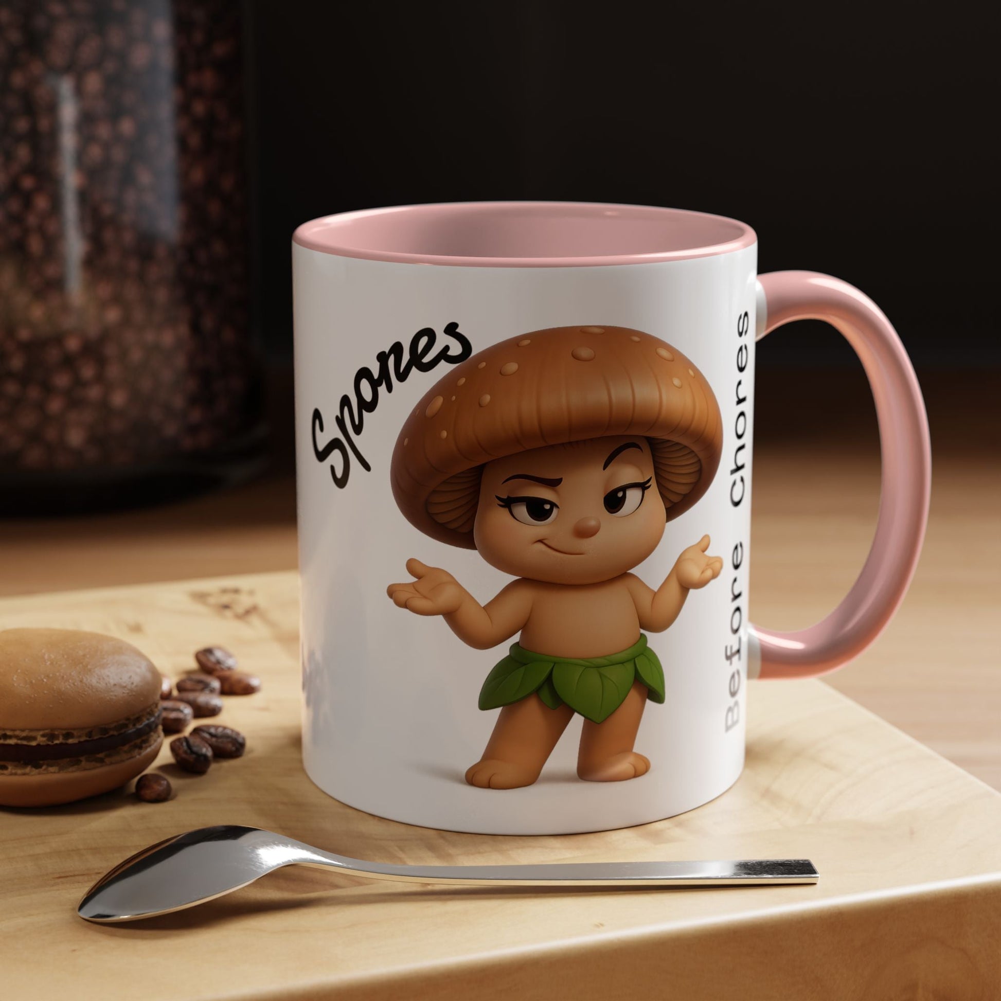 “Funny Mushroom Coffee Mug – Spores Before Chores" (11 oz) Right Side-Multiple Colors by Printify